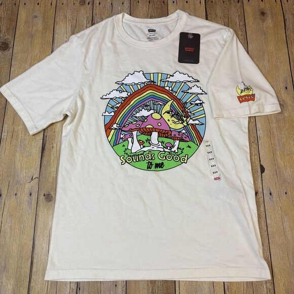 Levis Graphic T Shirt Extra Extra Small XXS Mushrooms Rainbow Hippie NEW NWT - Picture 1 of 9